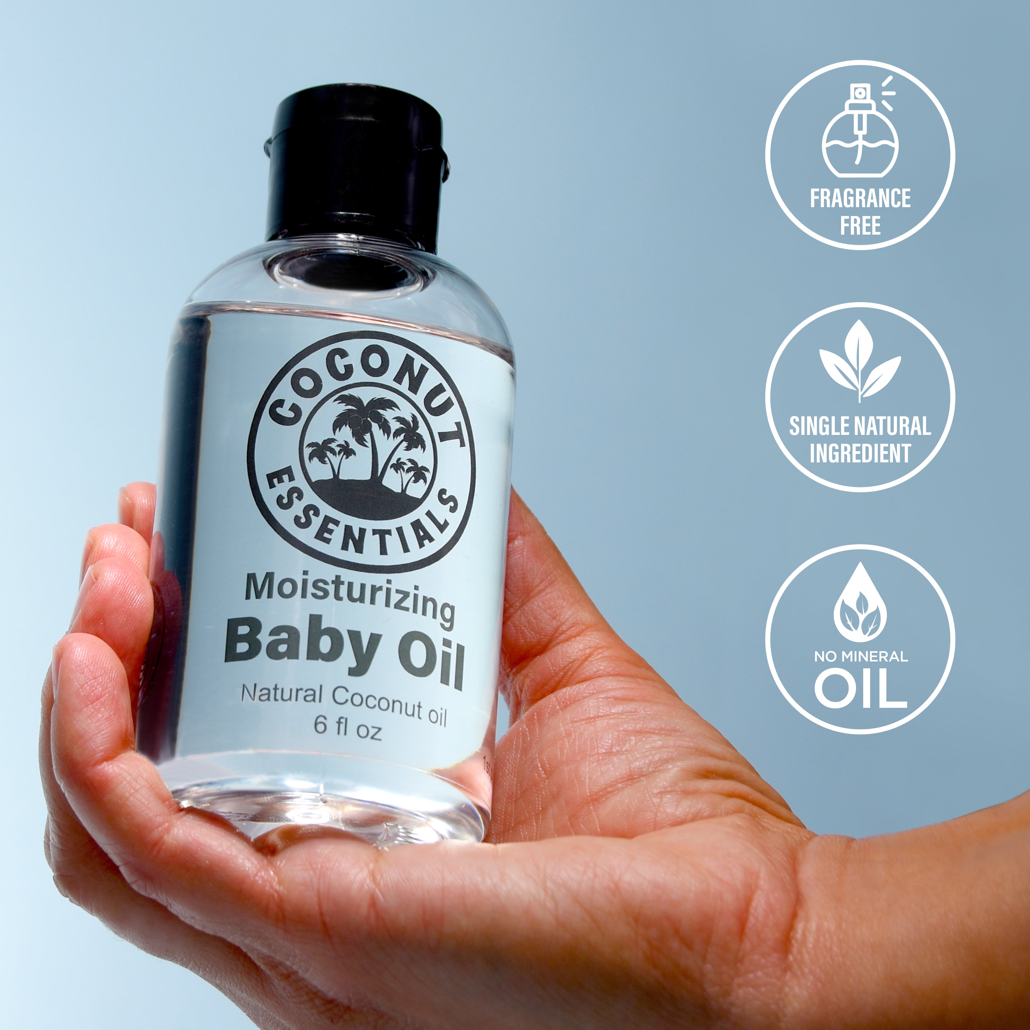 Natural Baby Oil for Infants, Liquid Coconut Oil Moisturizer -  No Mineral Oil, Baby Massage Oil with MCT | Sensitive Skin, Eczema & Dry Skin Relief | Fragrance Free - Coconut Essentials (6 oz)