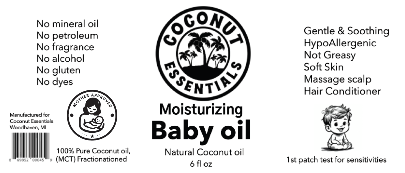 Natural Baby Oil for Infants, Liquid Coconut Oil Moisturizer -  No Mineral Oil, Baby Massage Oil with MCT | Sensitive Skin, Eczema & Dry Skin Relief | Fragrance Free - Coconut Essentials (6 oz)